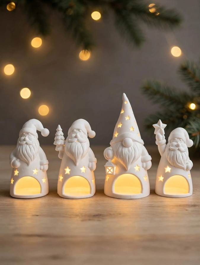 Conjunto de 4 Porta-velas de Cerâmica Branca em Formato de Gnomo Papai Noel